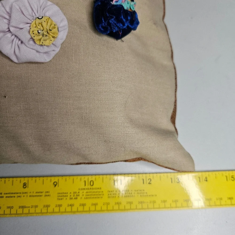 Vtg Handmade Floral Applique Throw‎ Pillow 3D Velvet Satin Flowers Cottagecore